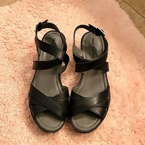 Hush Puppies black wedge sandal. 2" heel. Like new. Non smoking house. Size 9.5